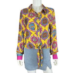 Haute Hippie Crop Top L Button Front Yellow Pink Medallion Paisley Tie Waist